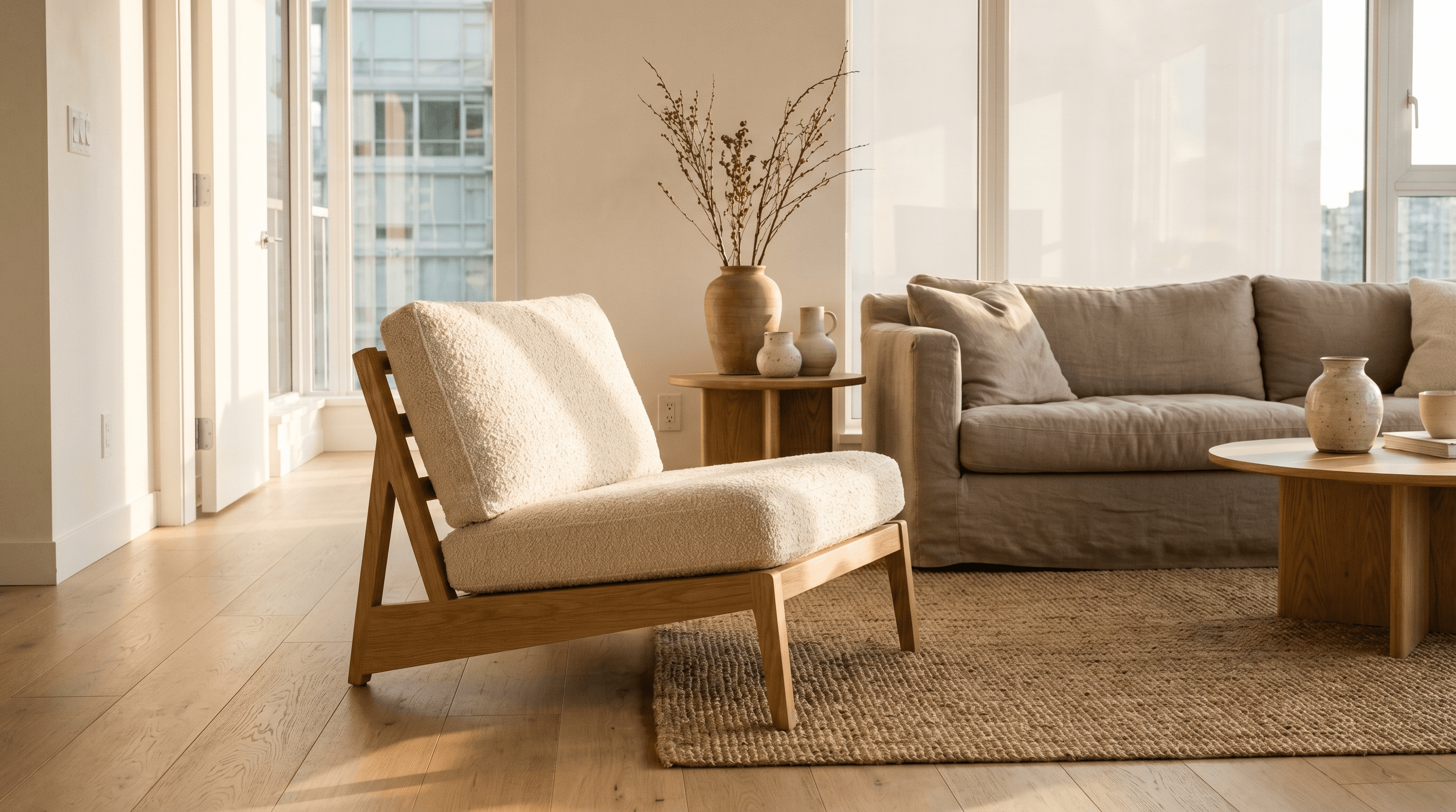 A sunlit Vancouver living room with oak, linen, and warm afternoon light