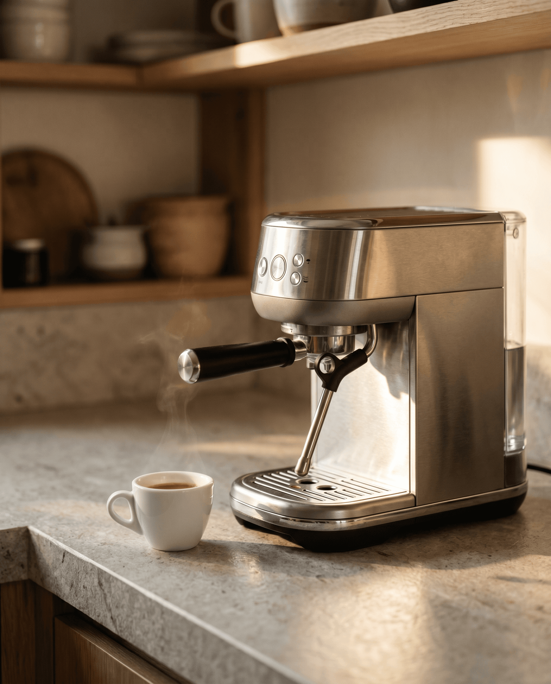 A brushed-steel espresso machine on a kitchen counter