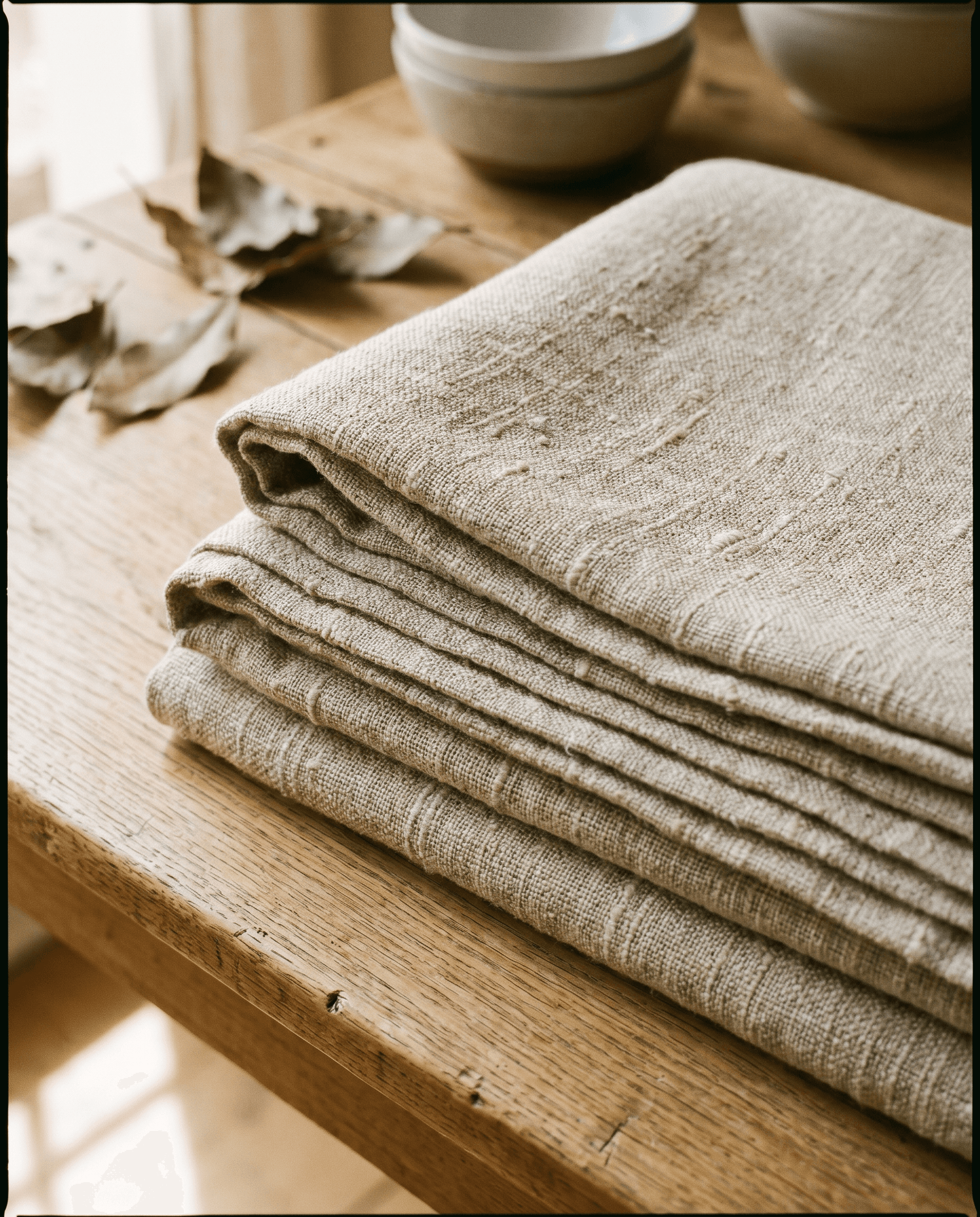 A close-up of heavy linen fabric with natural slubs