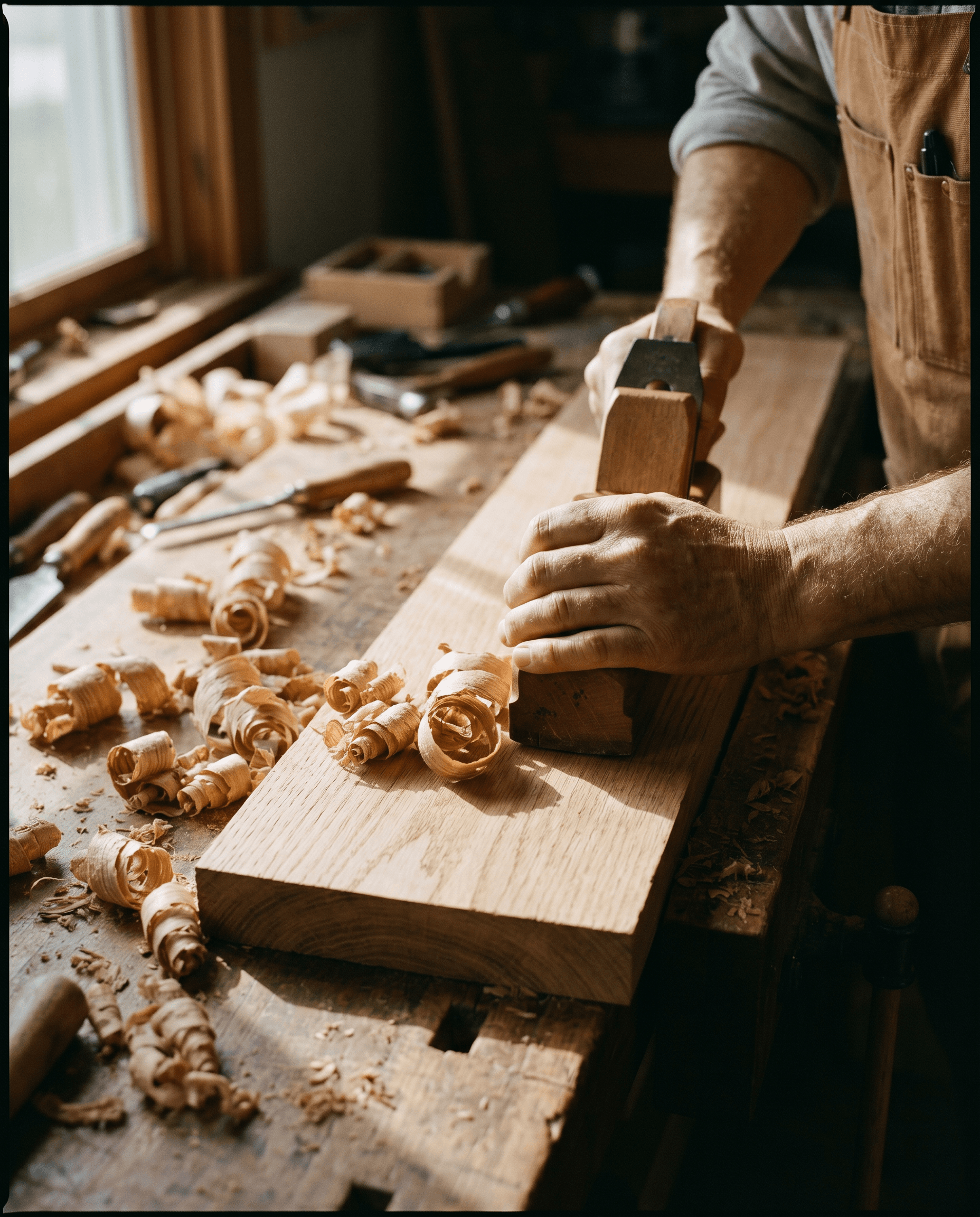 Hands working a hand plane over oak
