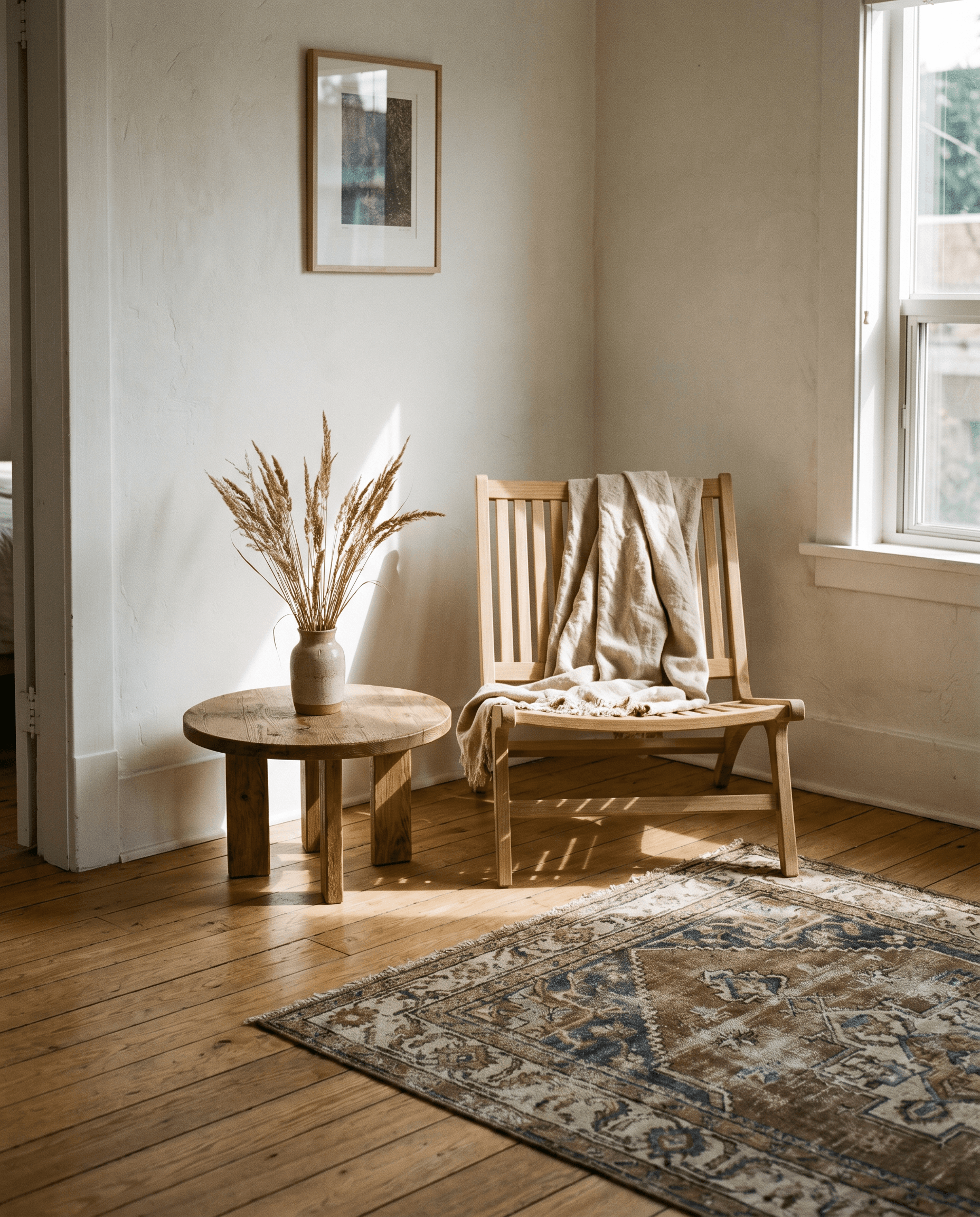 A quiet living room arrangement with oak chair and linen throw