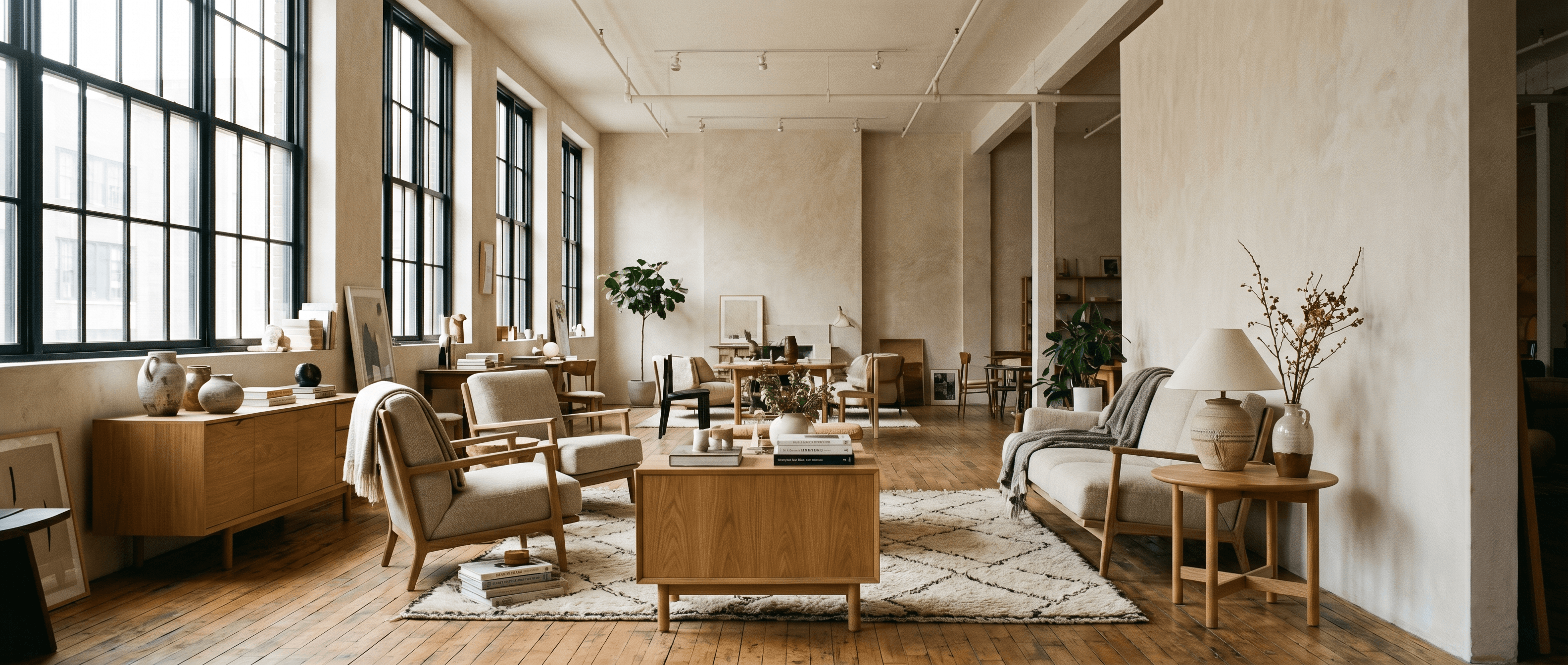 The Atelier showroom interior with tall windows and oak floors