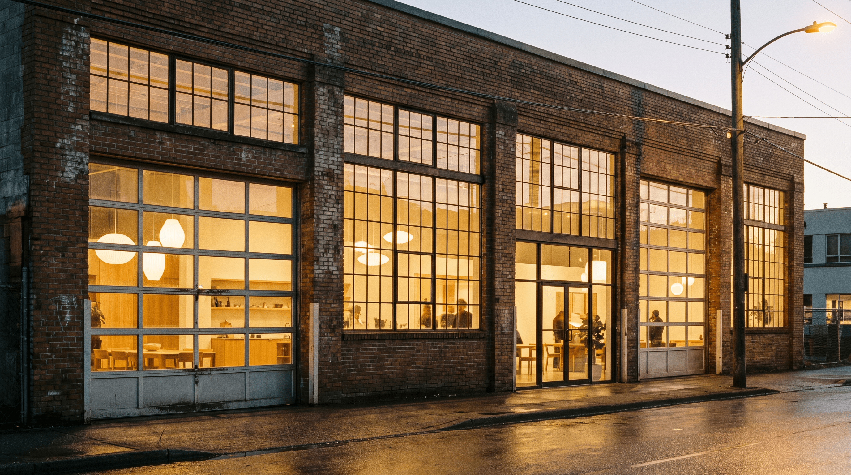 The Atelier showroom on East 7th Avenue at dusk