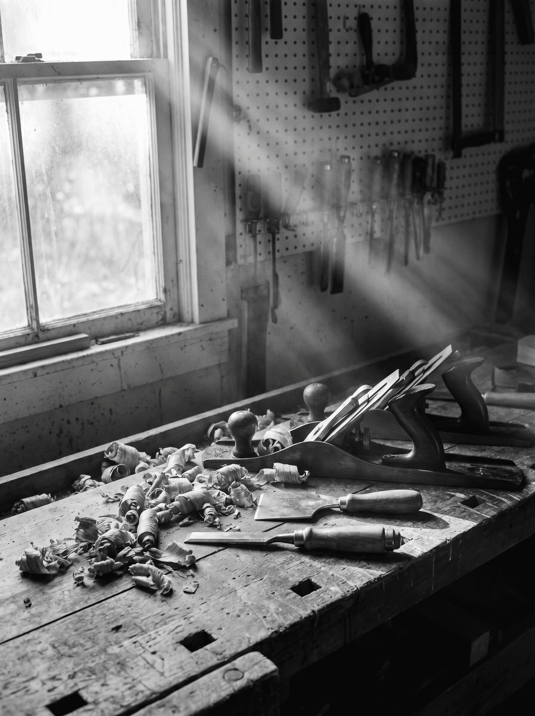 A workshop bench with oak shavings and hand planes