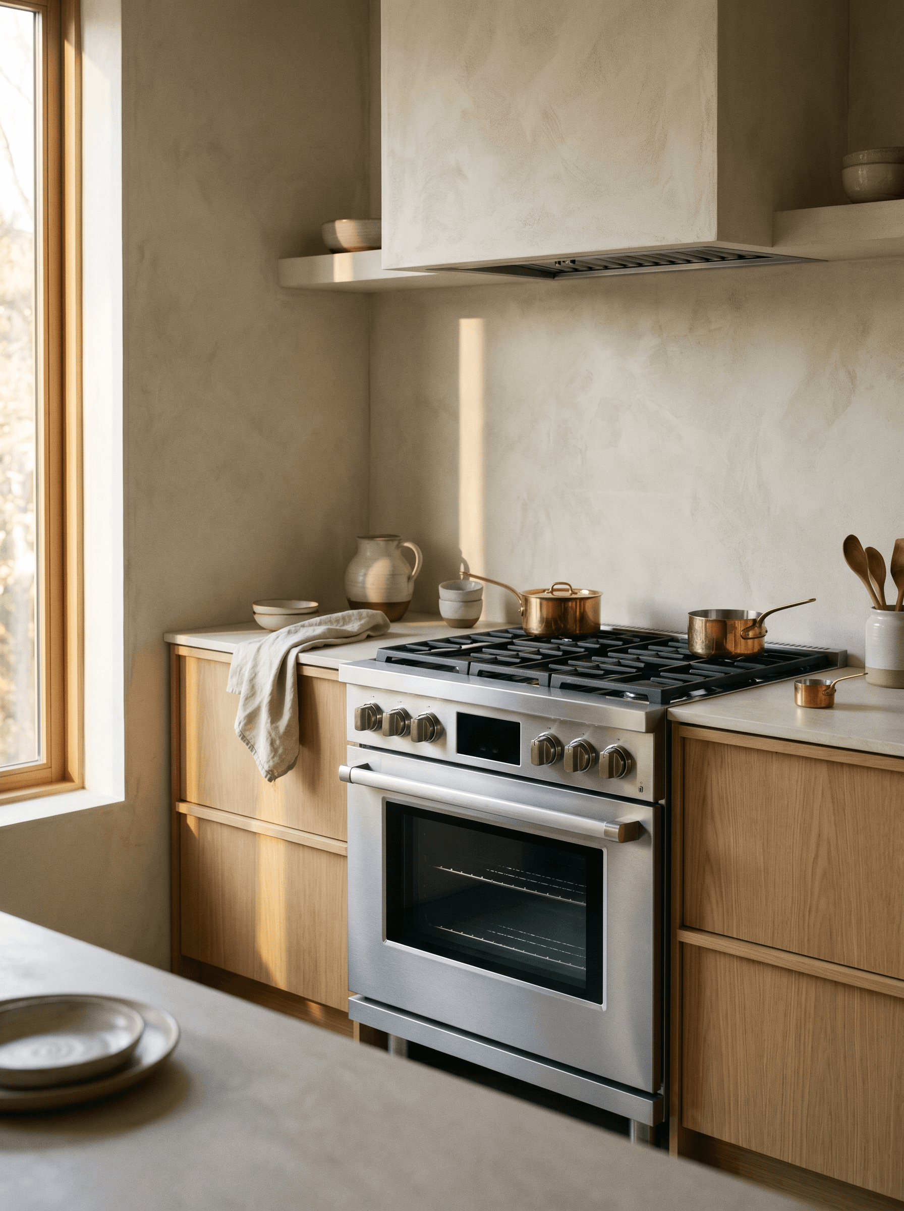 Brushed-steel induction range in a minimal kitchen