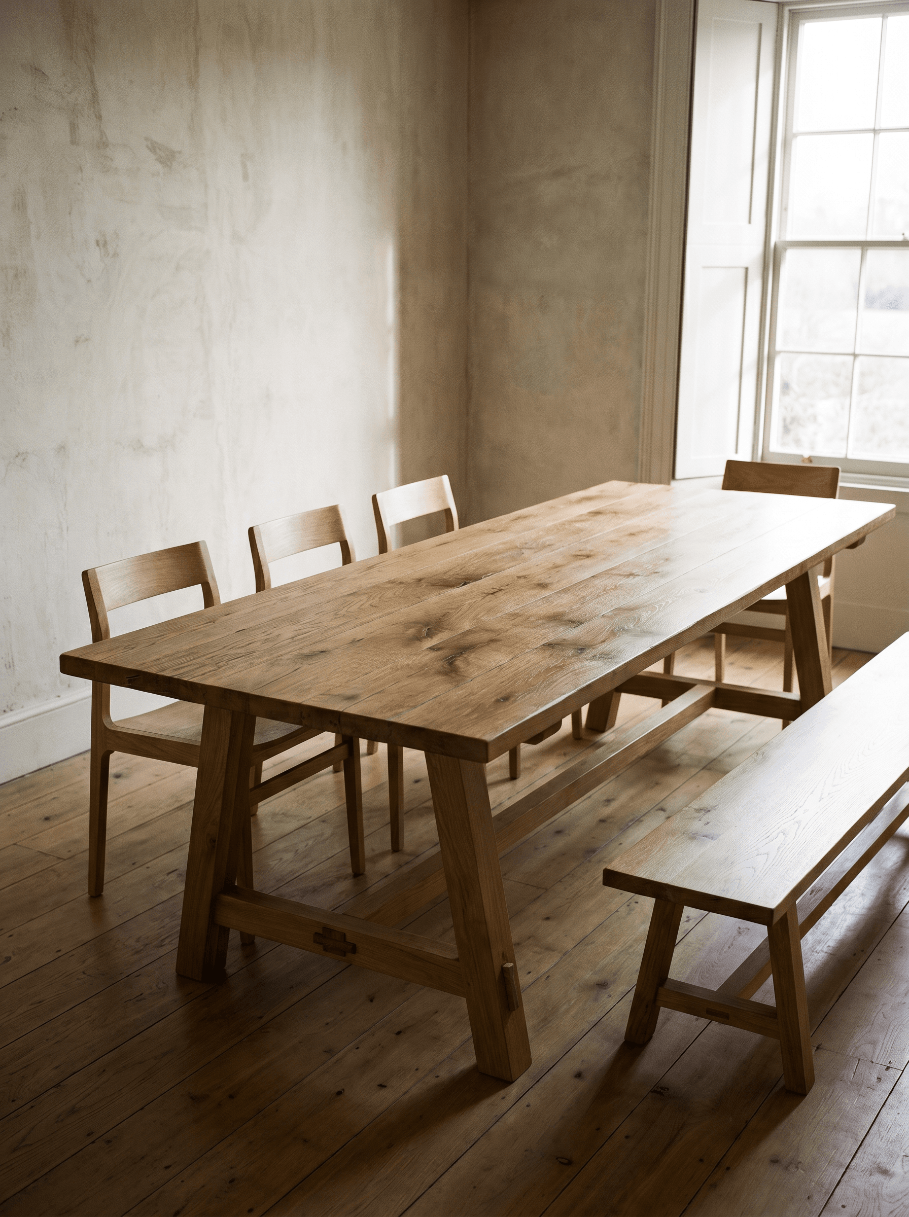 Long oak dining table with trestle legs in a minimal dining room