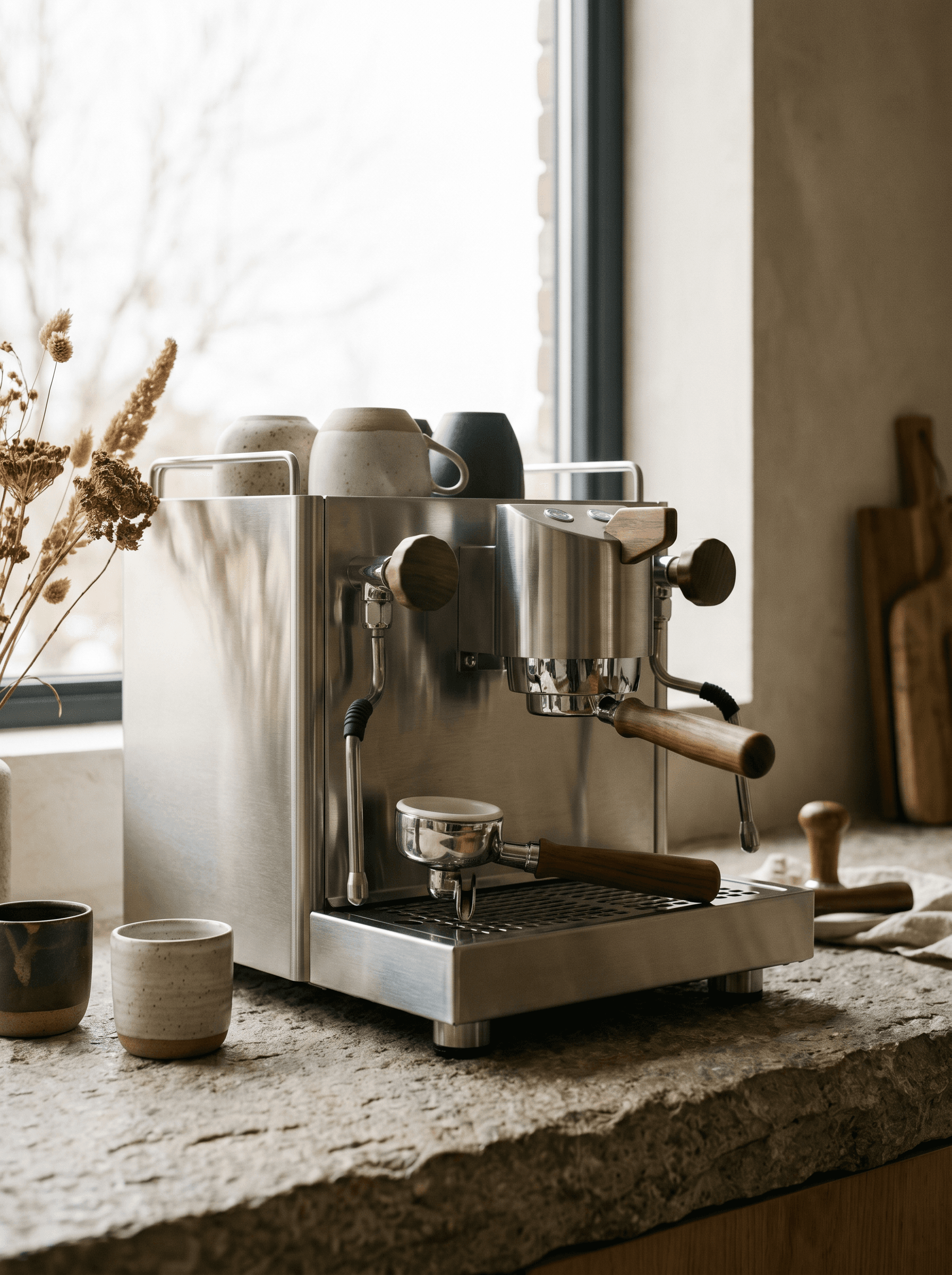 Brushed-steel espresso machine on a stone countertop
