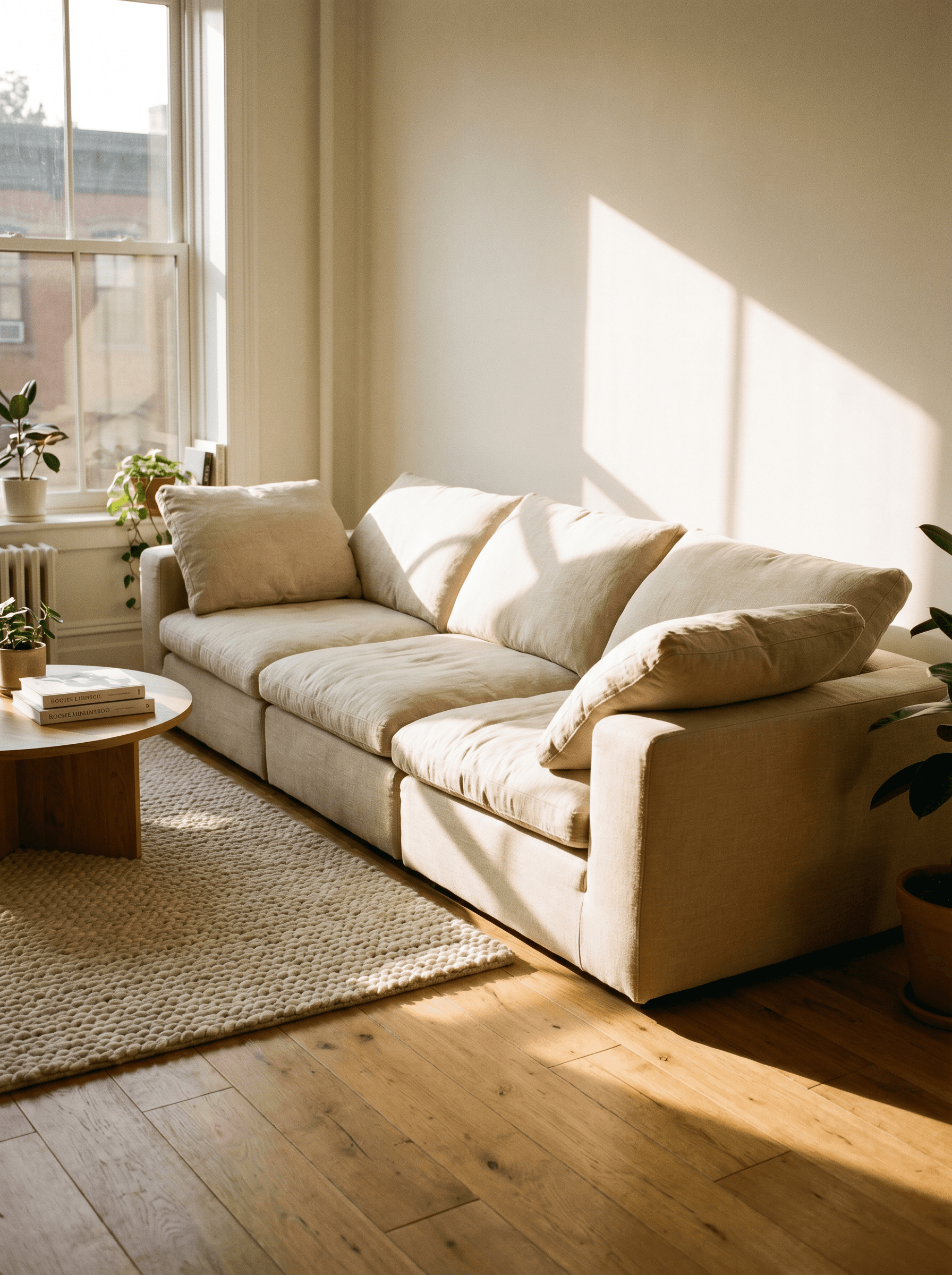Large linen modular sofa with down cushions in a warm living room