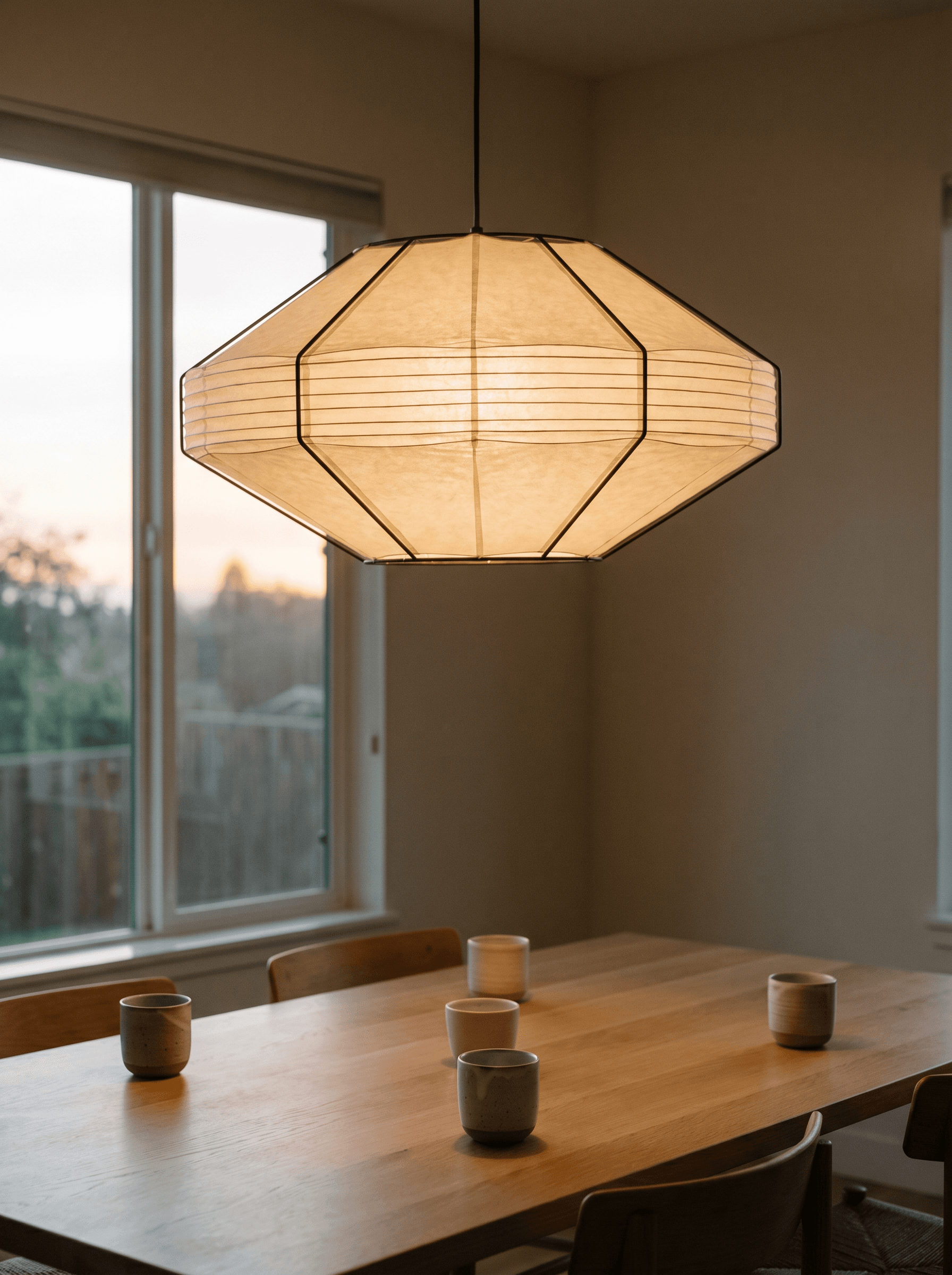 Rice-paper pendant lamp glowing warmly over a dining table