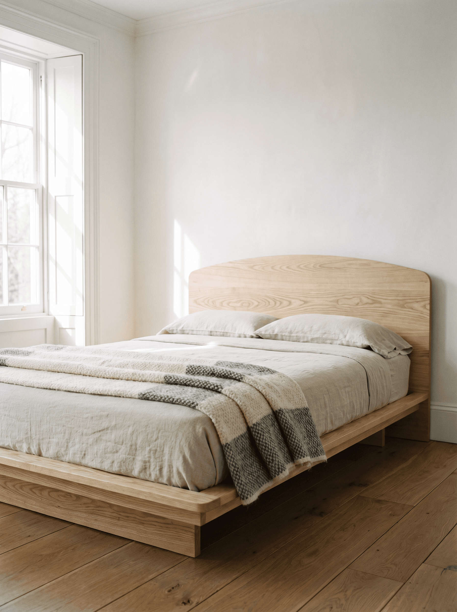 Low ash platform bed with arched headboard in a quiet bedroom