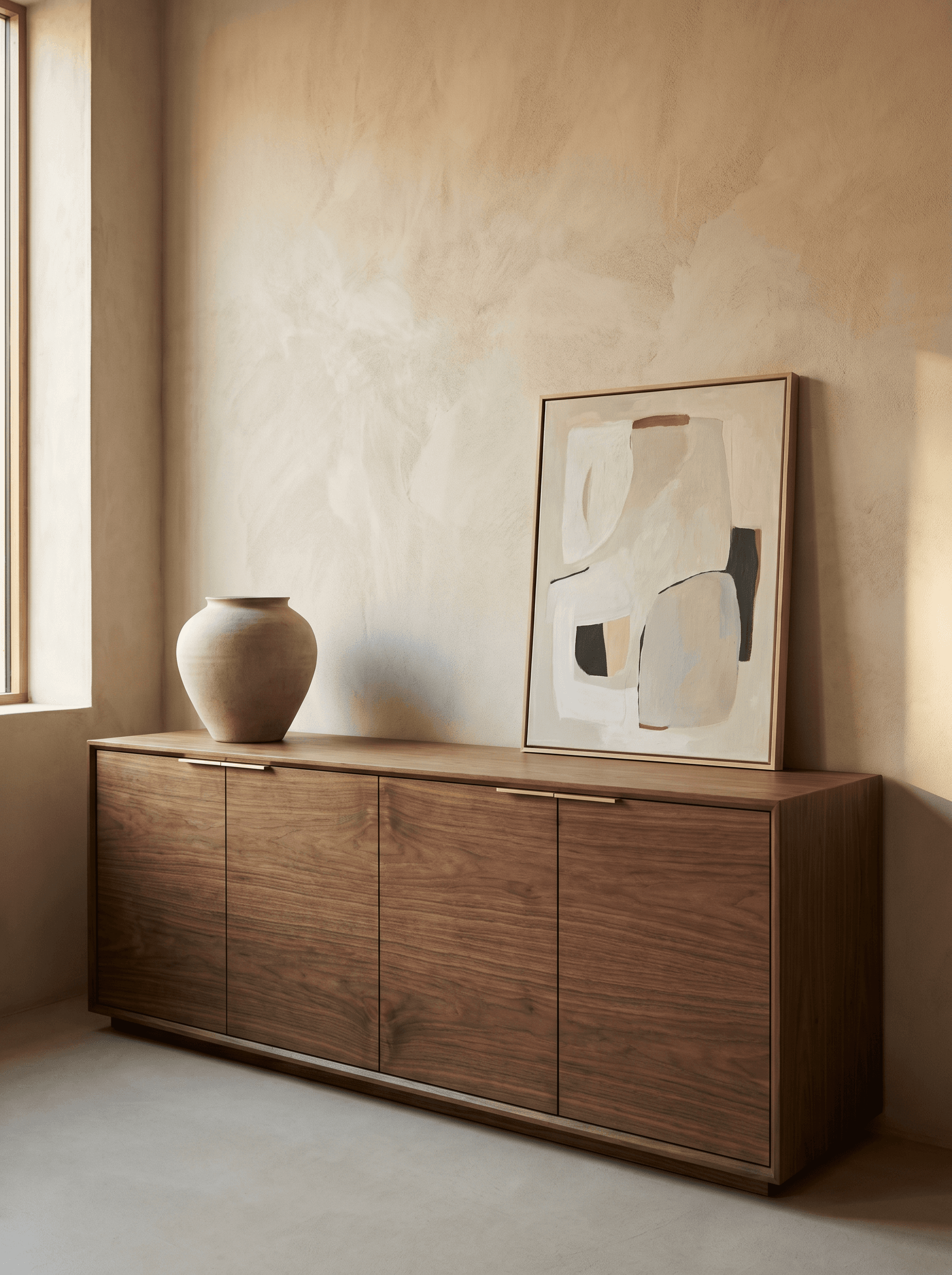Walnut credenza with brass pulls against a plaster wall